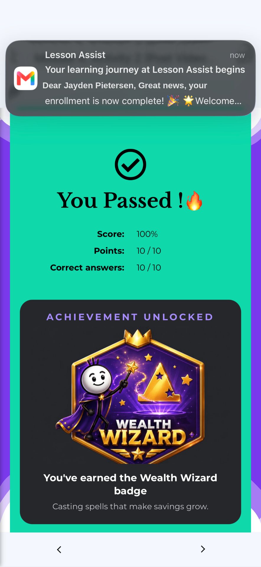 Lesson Assist 'You Passed' 100% score with Wealth Wizard achievement badge unlocked