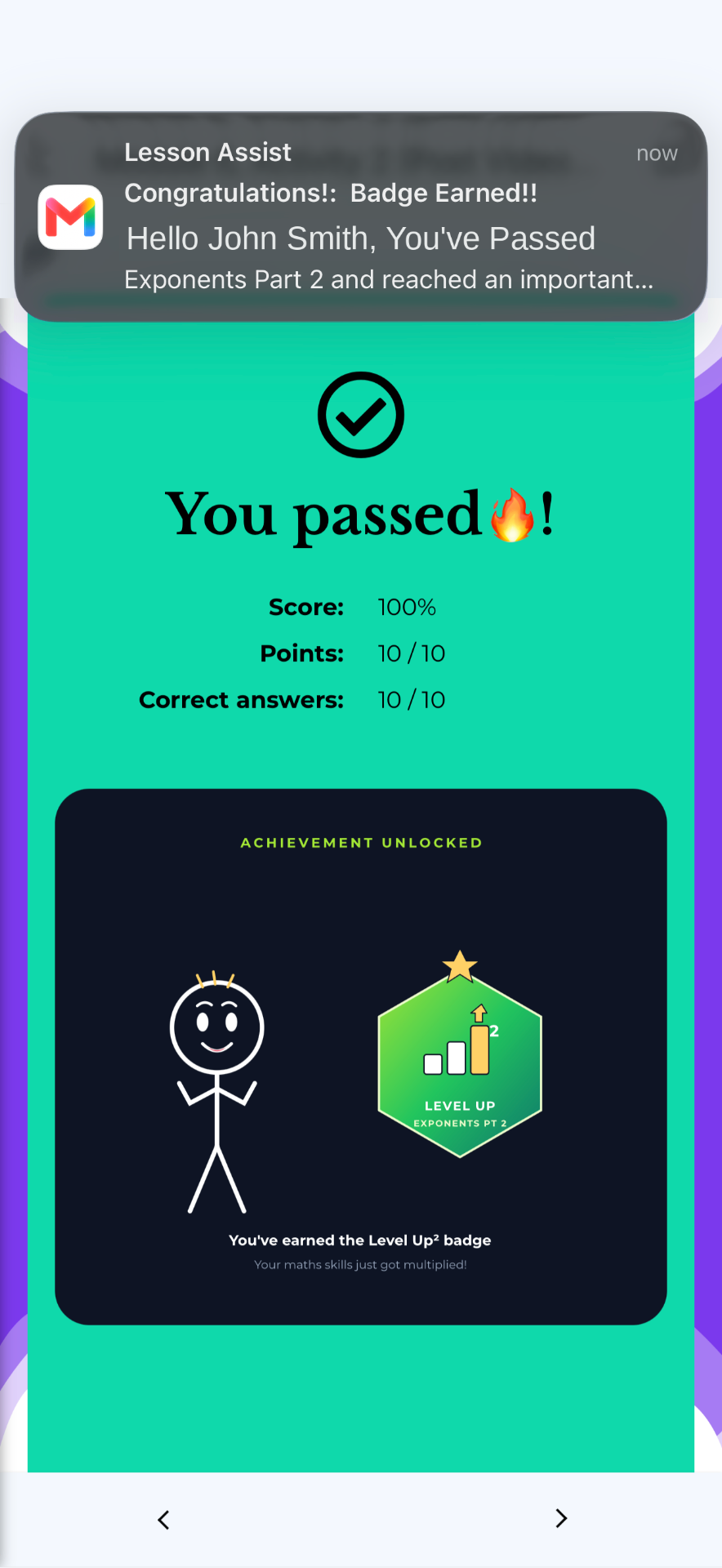 Lesson Assist 'You passed' achievement screen showing 100% score and a Level Up badge