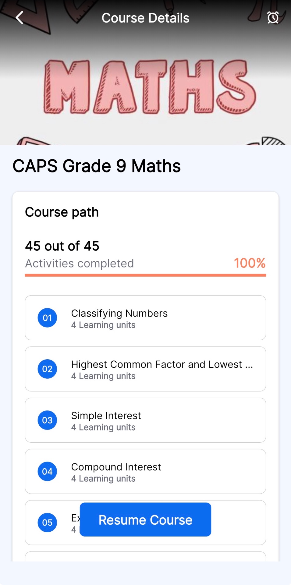 CAPS Grade 9 Maths course path inside the Lesson Assist app